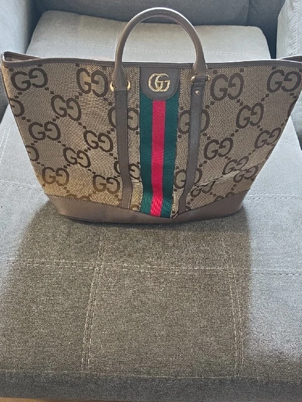 Gucci Brown GG Canvas Tote with Green and Red Web Stripe